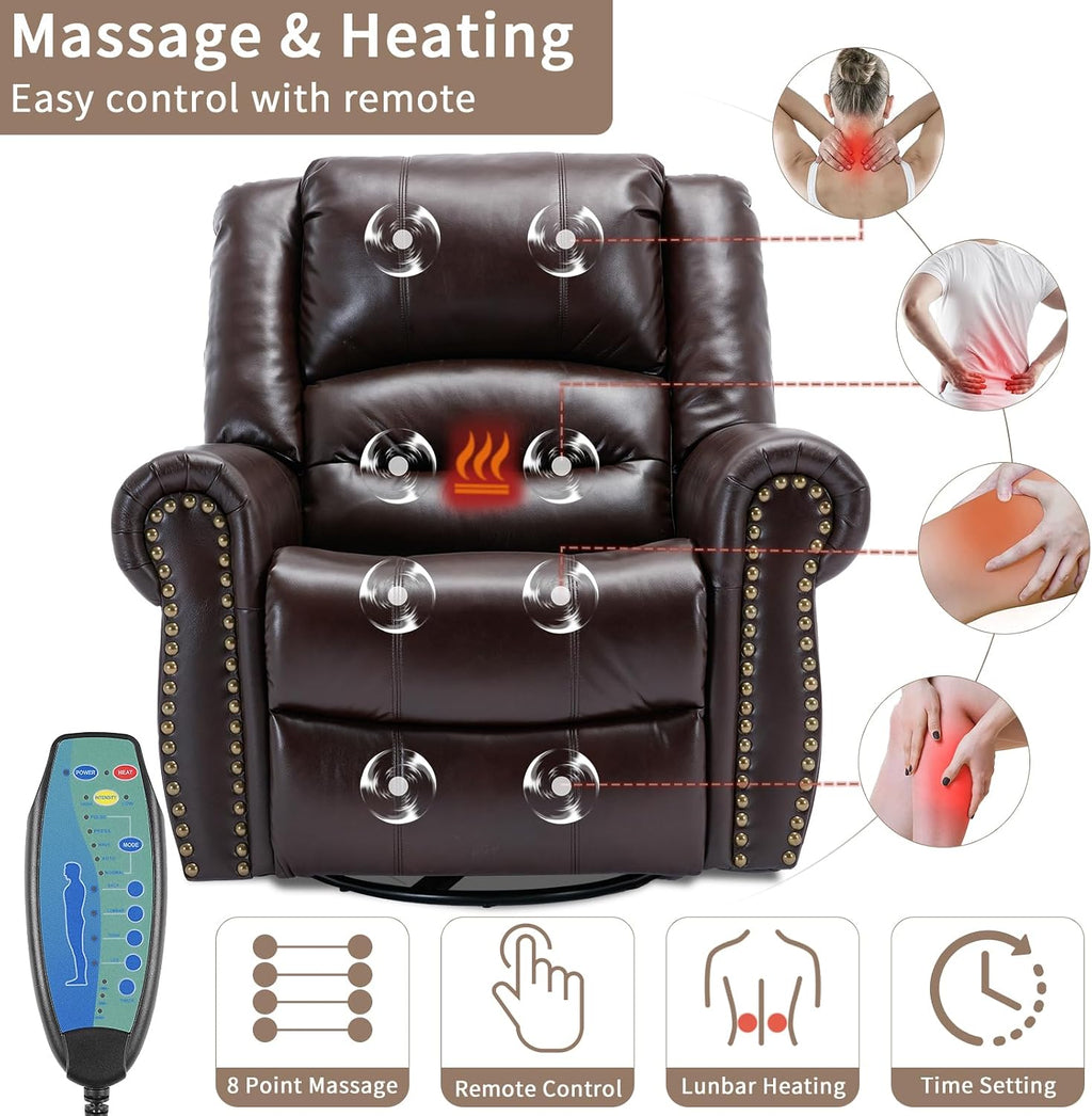 Manual Massage Swivel Rocker Recliner with Heat and Vibration, 360° Swivel Glider Rocking Recliner Chair, Classic Living Room Lounge Recliners with Side Pockets & USB Ports, Brown