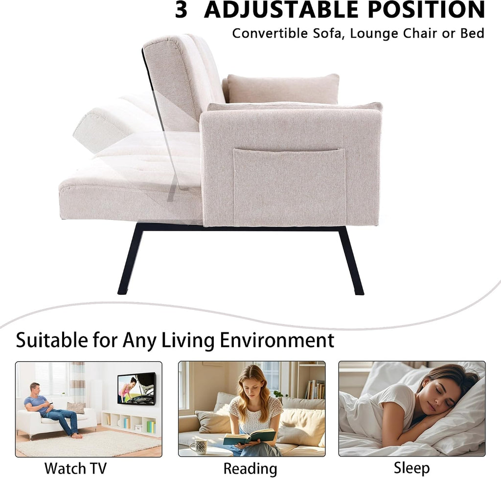 70' Futon Sofa with Cupholders,Adjustable Backrest Cotton Linen with Cup Holders and 2 Throw Pillows Sleeper Sofa for Living Room Apartment Small Space (Beige)