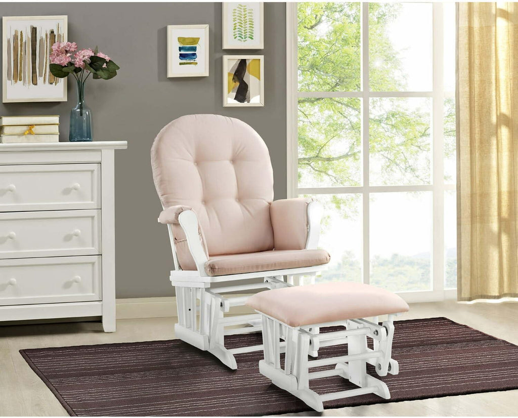 HomeStock Glider and Ottoman Set - Padded Arms, Storage Pockets, Metal Bearings White and Pink