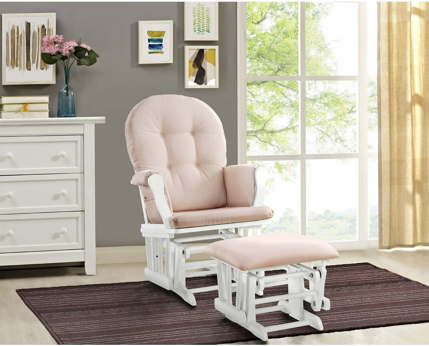HomeStock Glider and Ottoman Set - Padded Arms, Storage Pockets, Metal Bearings White and Pink