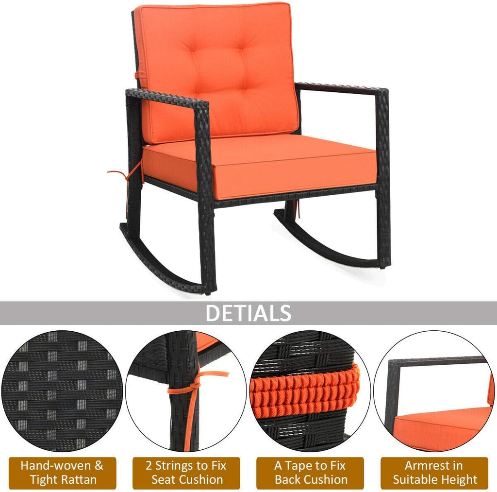 Tangkula Wicker Rocking Chair, Outdoor Glider Rattan Rocker Chair with Heavy-Duty Steel Frame, Patio Wicker Furniture Seat with 5' Thick Cushion for Garden, Porch, Backyard, Poolside (2, Orange)