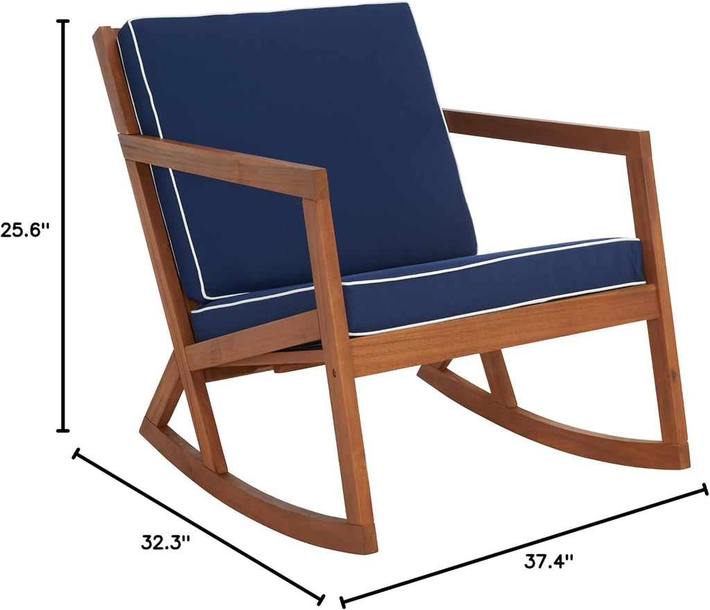 SAFAVIEH Outdoor Collection Vernon Natural/Navy Cushion with White Piping Rocking Chair