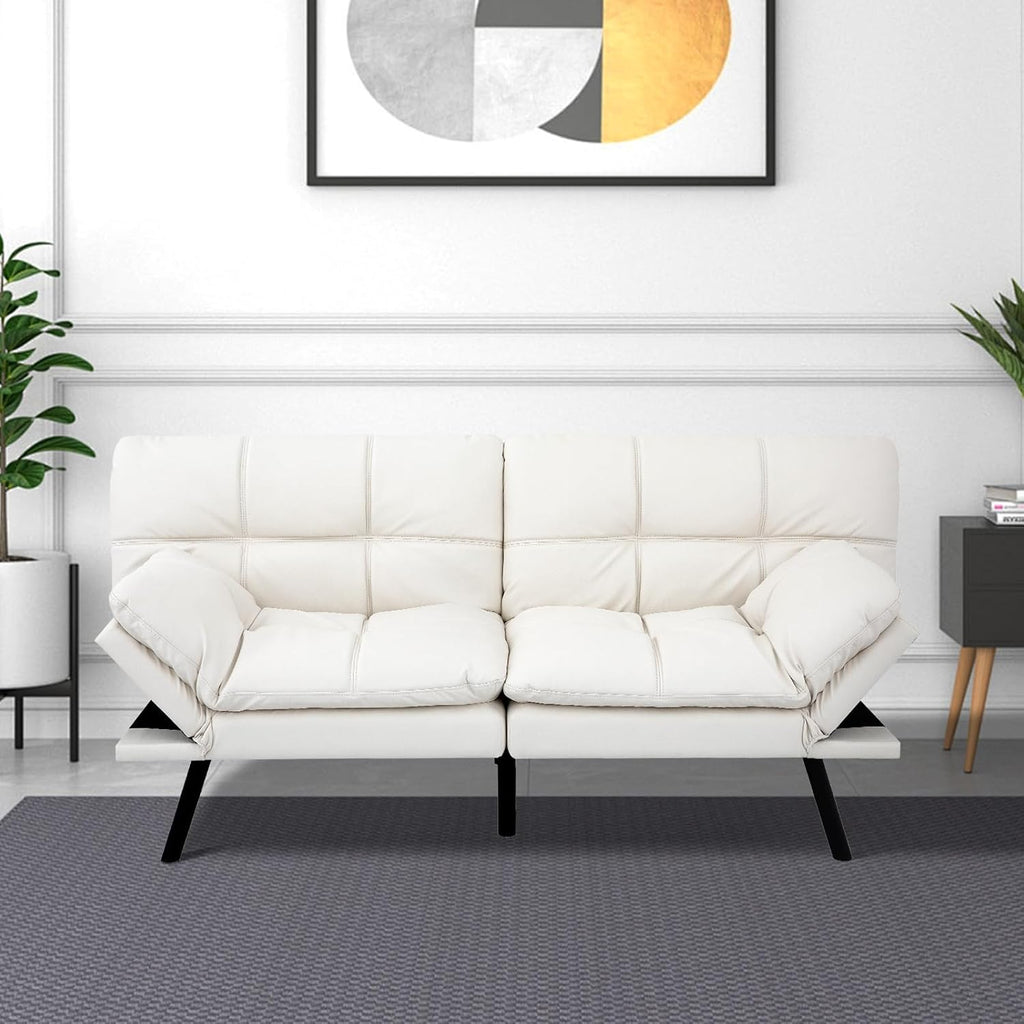 MUUEGM Futon Convertible Sofa Bed, Memory Foam Sleeper Couch,Modern Loveseat for Living Room,Adjustable Armrests Backrest Sofabed, White,Faux Leather.