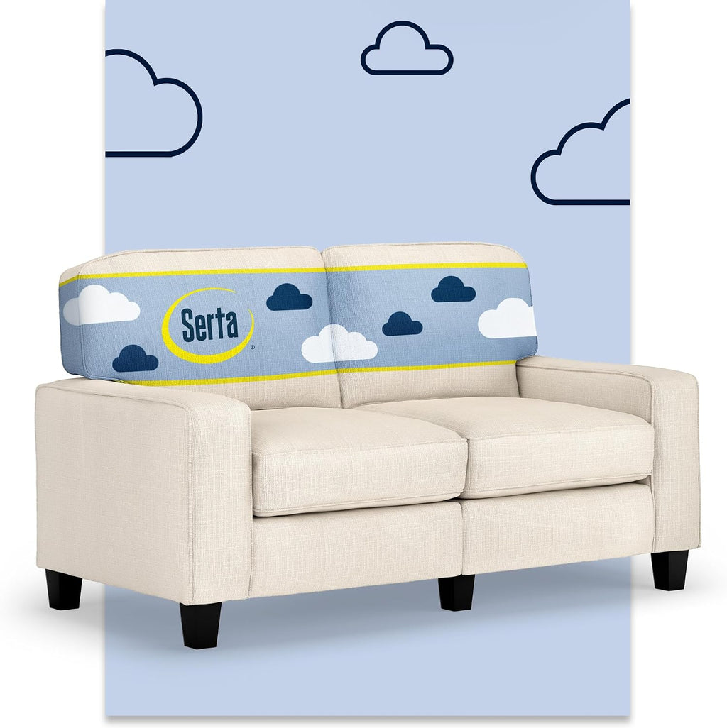 Serta Palisades 61' Track Arm Sofa, Easy Care Polyester, Soft Pillow Back, Pocket Coil Seat Cushions, Removable Covers, Loveseat or Couch for Small Spaces, Living Rooms or Bedrooms, Buckwheat Beige