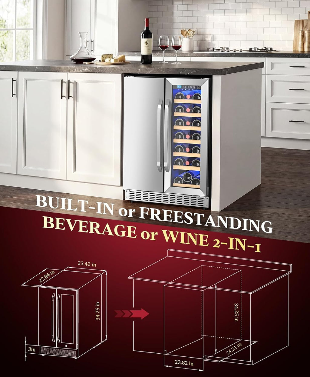 24' Dual Zone Wine & Beverage Refrigerator, 60 Cans & 21 Bottle Under Counter Wine Cooler with Upgraded Cooling & Blue LED Light, Large Capacity Wine Fridge, Built-In or Freestanding