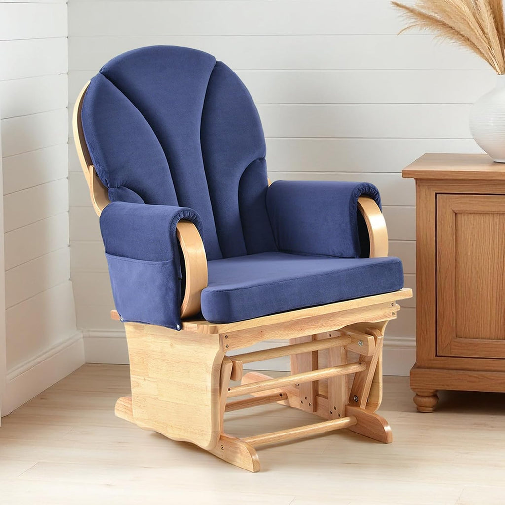 Solid Wood Nursery Glider Rocking Chair, Nursing Rocker Chair with Padded Cushion Armrest, Silent Smooth Rocking Motion for Indoor Living Room Napping Reading, Natural Wood +Blue