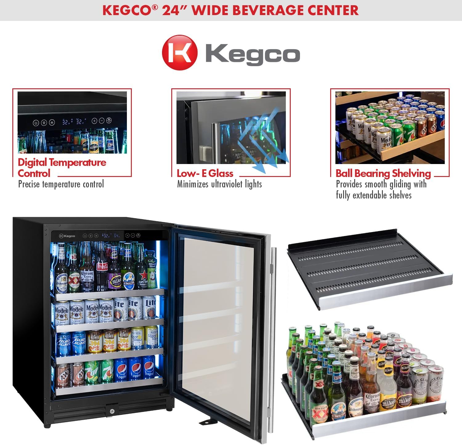 Kegco 24' Wide Stainless Steel Right Hinge Beverage Center VSBC-24LSR
