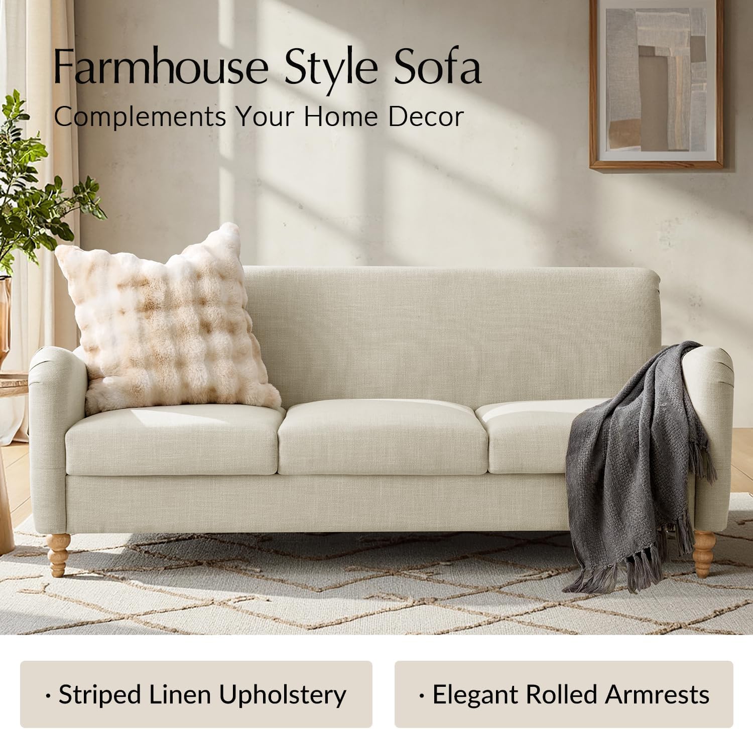 HULALA HOME Farmhouse Curved Couch with Solid Wood Spindle Legs, 3 Seater Sofa with Rolled Wide Armrests, Comfy Upholstered Sofa for Living Room Bedroom, Linen