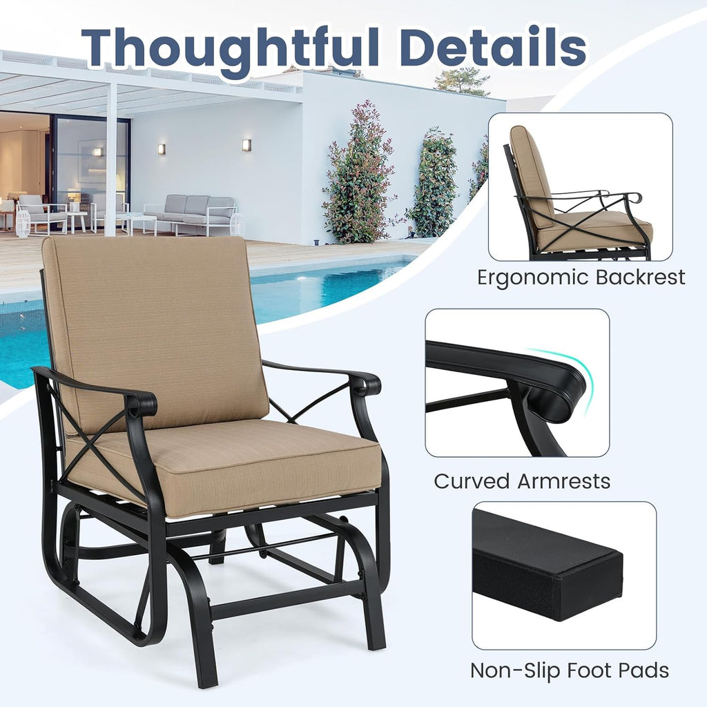 Giantex Outdoor Glider Rocking Chair, Patio Glider with Thick Removable Seat and Back Cushion, Non-Slip Foot Pads, Heavy-Duty Metal Frame, Outdoor Swing Rocking Chairs for Porch, Garden, Yard, Lawn