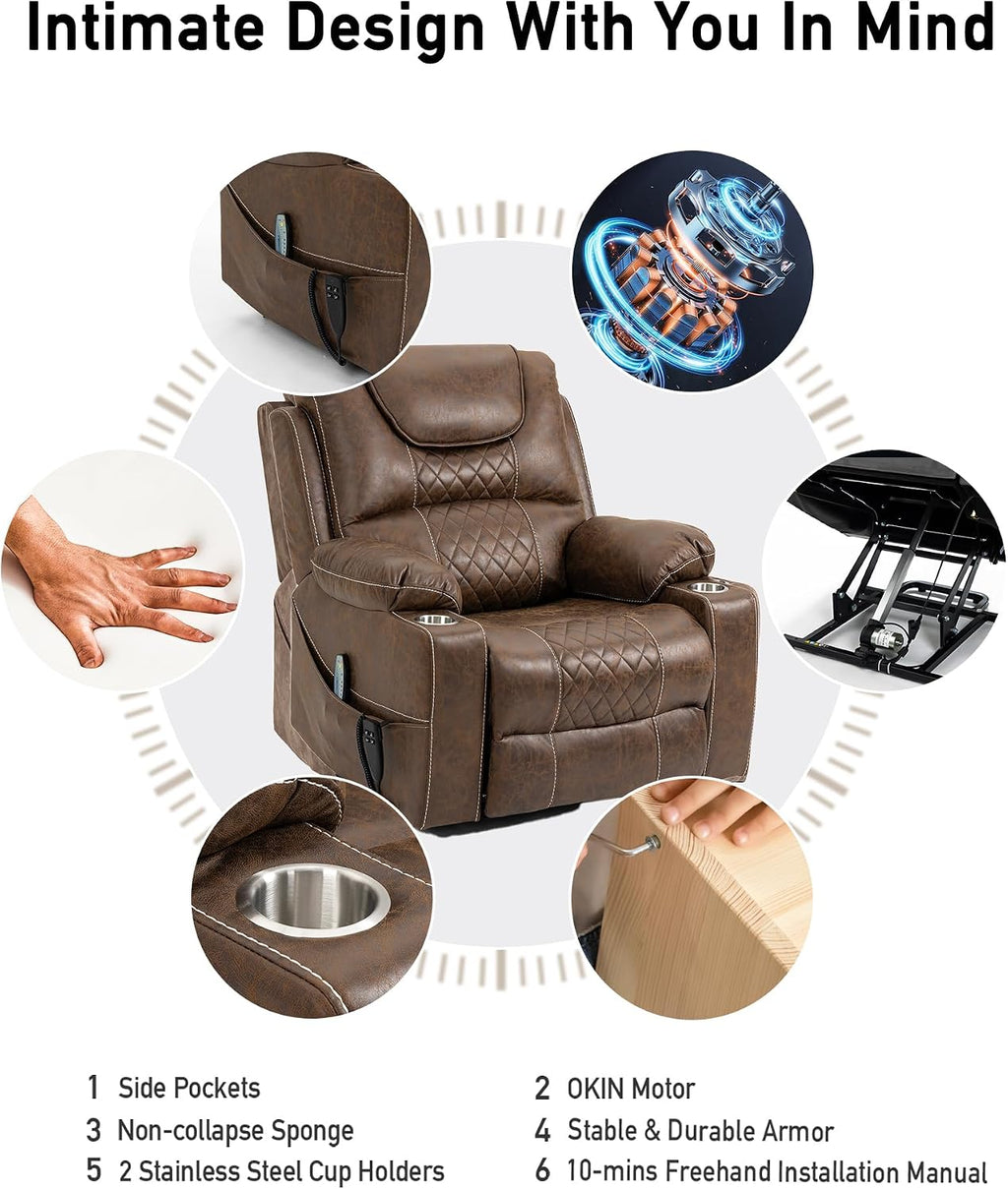 Oversized Lazy Boy Recliner Chair, 2 Motor Leather Recliner, Nursing Lift Chair with Massage and Lumbar Heating, Functional Adult Power Recliner with Cup Holders