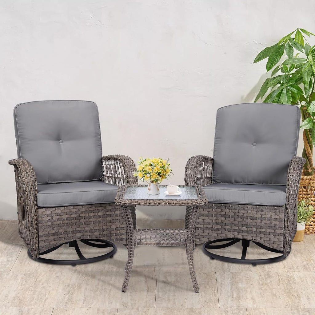 VIVIJASON 3-Piece Outdoor Conversation Bistro Set, Patio Swivel Glider Rocking Chairs Rattan Furniture Sets w/ 2 Rattan Chairs, Glass Top Side Table for Porch Backyard, Gray Wicker & Gray Cushions
