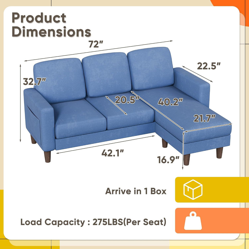 YESHOMY Couches for Living Room, Sofa with Movable Ottoman, Small Couch with Reversible Chaise and Side Pockets, L Shaped Couch for Small Space, Apartment (Linen Fabric, Blue)
