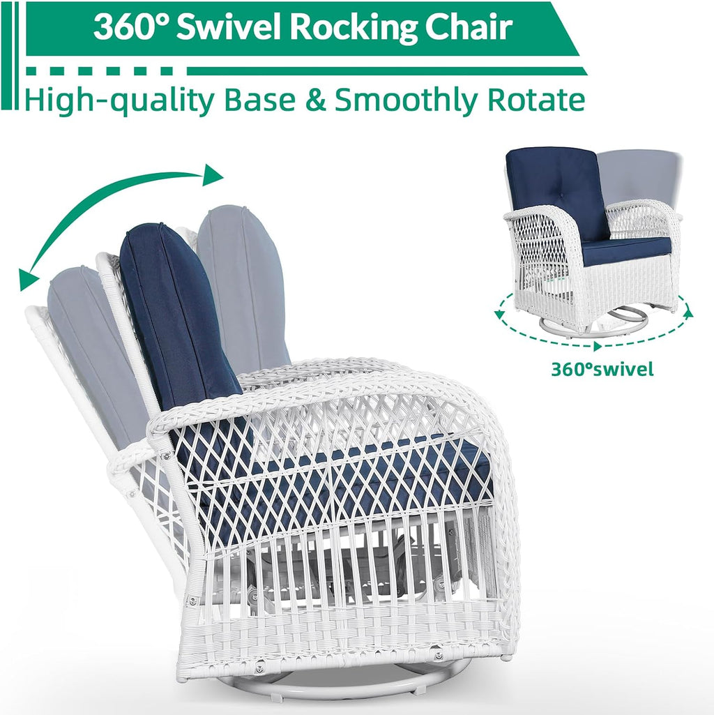 VIVIJASON 5-Piece Outdoor Patio White Wicker Conversation Sets, All Weather Outdoor Rattan Furniture Set Includes Glider Loveseat, 2 Coffee Table, 2 Swivel-Gliders Chairs with Cushions, Navy Blue