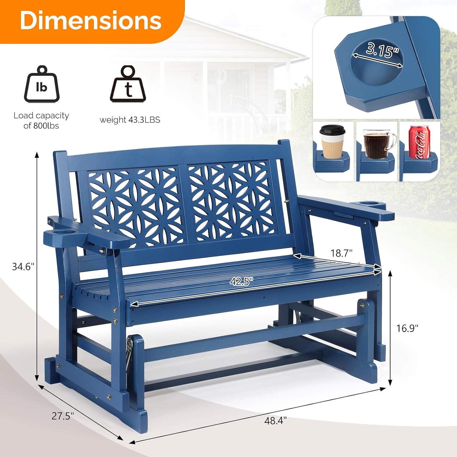 VINGLI Outdoor Glider for Adults, Patio Glider Love Seat with Cup Holders, Wooden Glider Bench with Floral Back for Garden, Yard, Patio, Blue