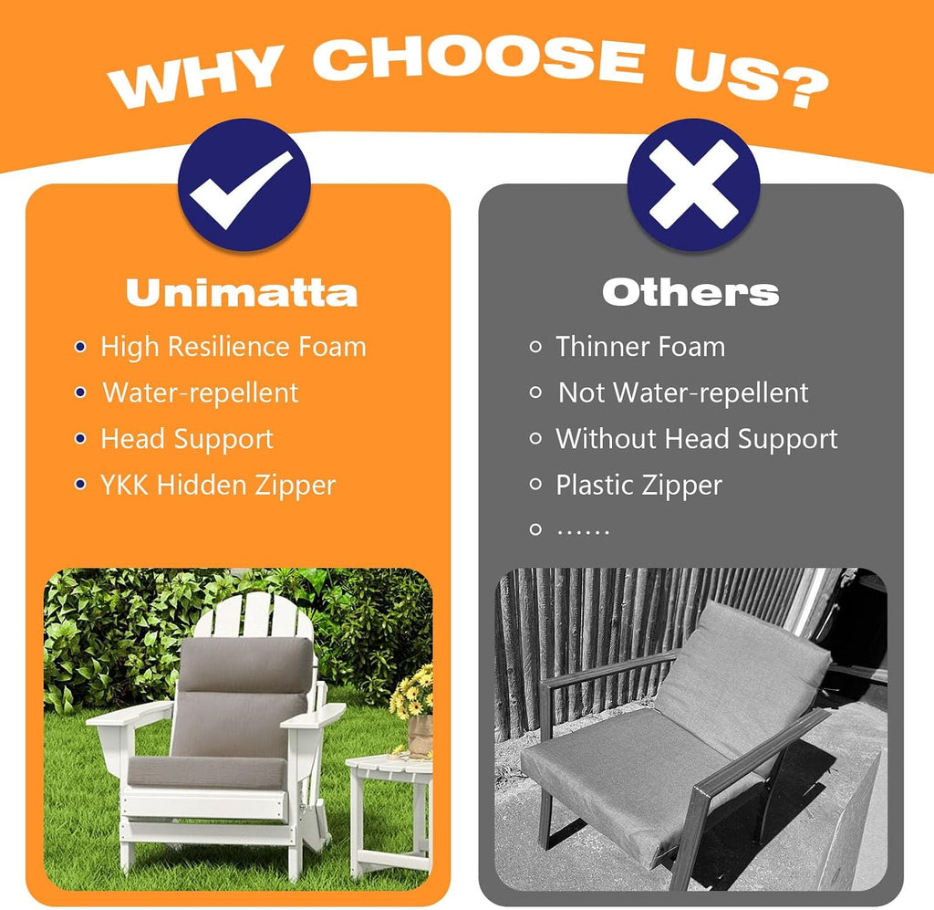 Unimatta Sunbrella Outdoor Separate High Back Cushion Seat Pads, 2-Pack 44 x 21 Inch Water-Repellent & Fade-Resistant Patio Furniture Cushions with Ties for Adirondack, Rocking Chairs, Cast Shale