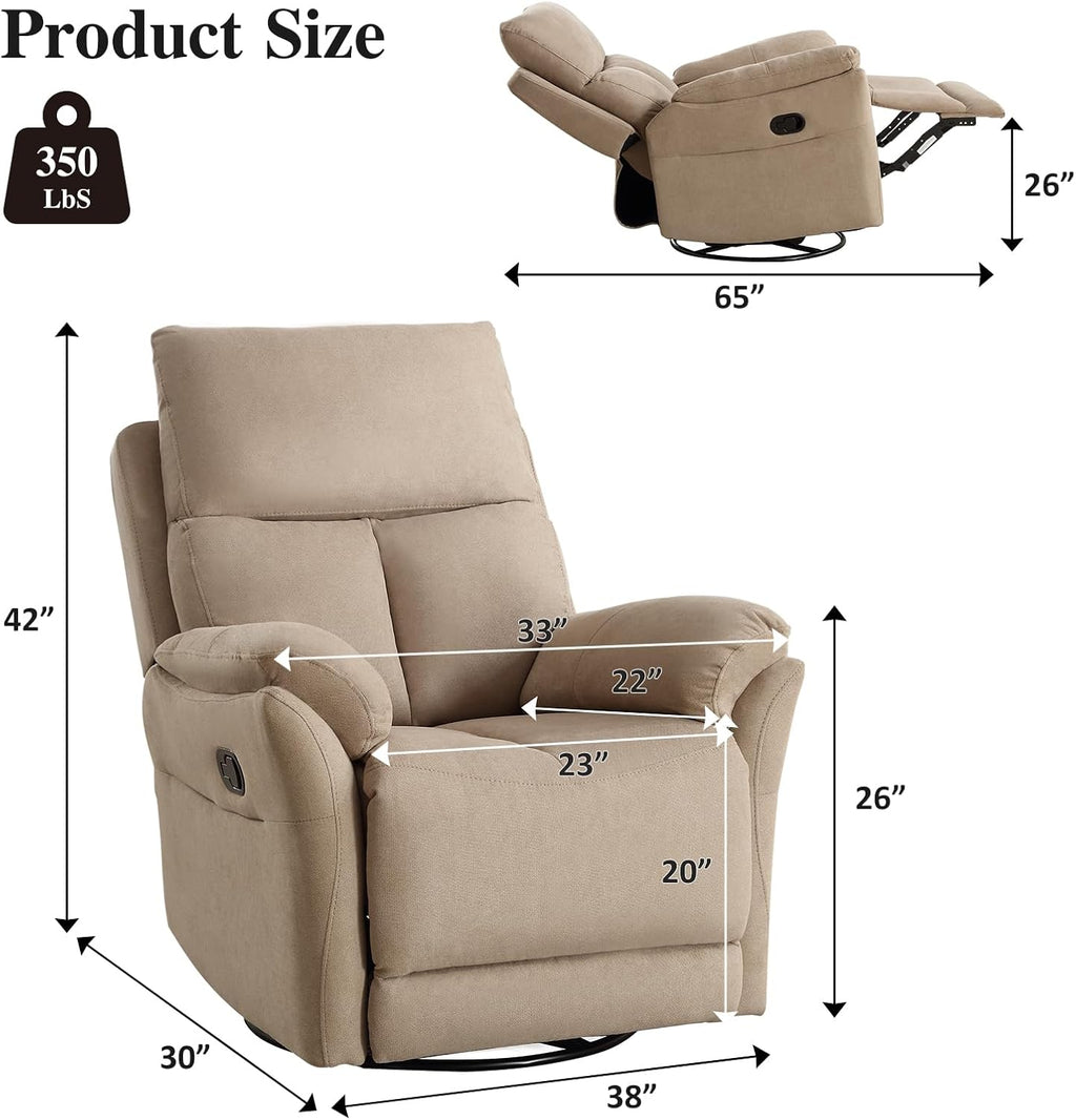 CANMOV Swivel Rocker Recliner, Manual Recliner with Overstuffed Cushion, Nursing Chairs for Living Room, Swivel Glider Recliners with Soft Backrest, Brown