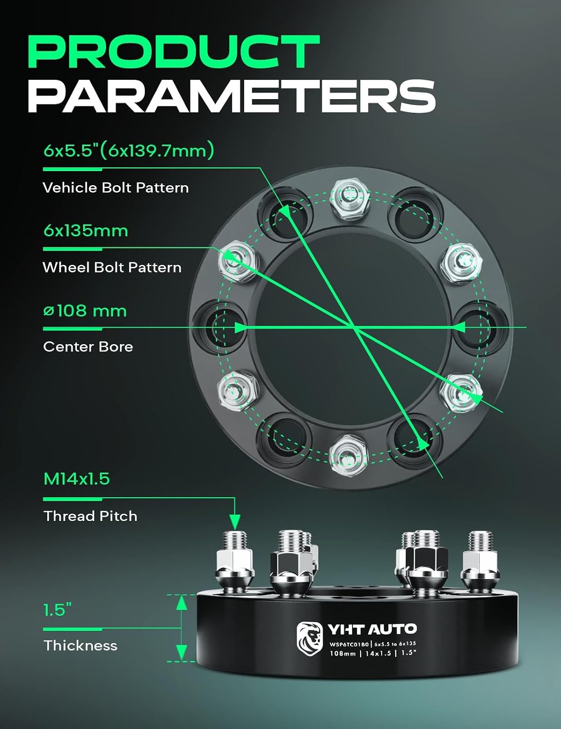 YHTAUTO 6x5.5 to 6x135 Wheel Adapters 1.5 inch Fits Chevy Silverado 1500, Tahoe, GMC Sierra 1500, Cadillac Escalade, Forged Wheel Tire Adapters w/ M14x1.5 & 12.9 Studs, 108mm Center Bore 6 Lug 4PCS