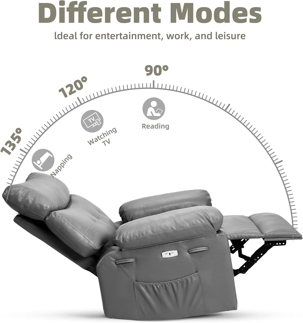 Oversized Recliner Chair with Heating & Massage, XL Faux Leather Nursery Rocking Chairs for Adults with Cup Holder and Side Pockets, Swivel Chair for Living Room, Bedroom Grey