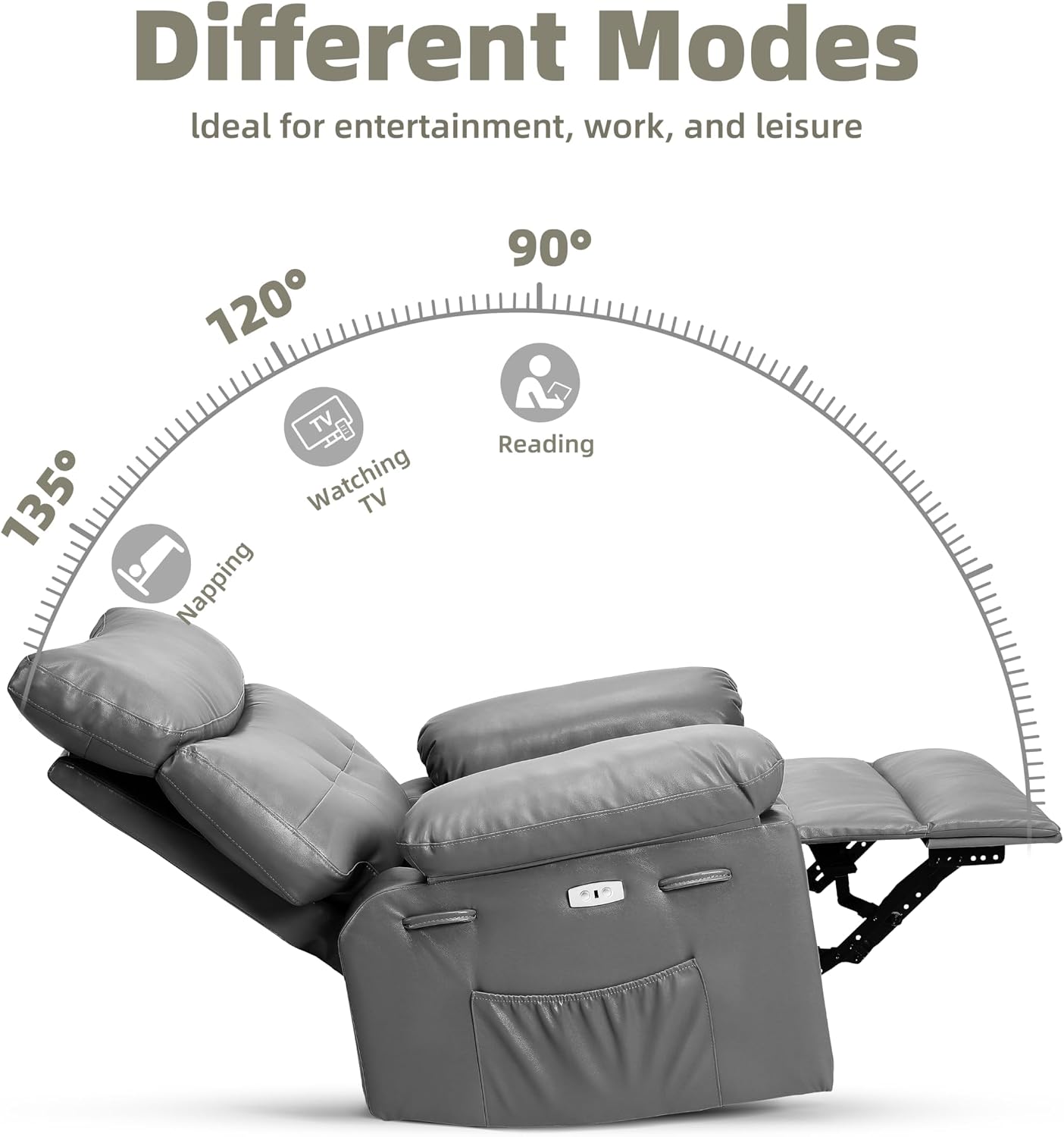 Oversized Recliner Chair with Heating & Massage, XL Faux Leather Nursery Rocking Chairs for Adults with Cup Holder and Side Pockets, Swivel Chair for Living Room, Bedroom Grey