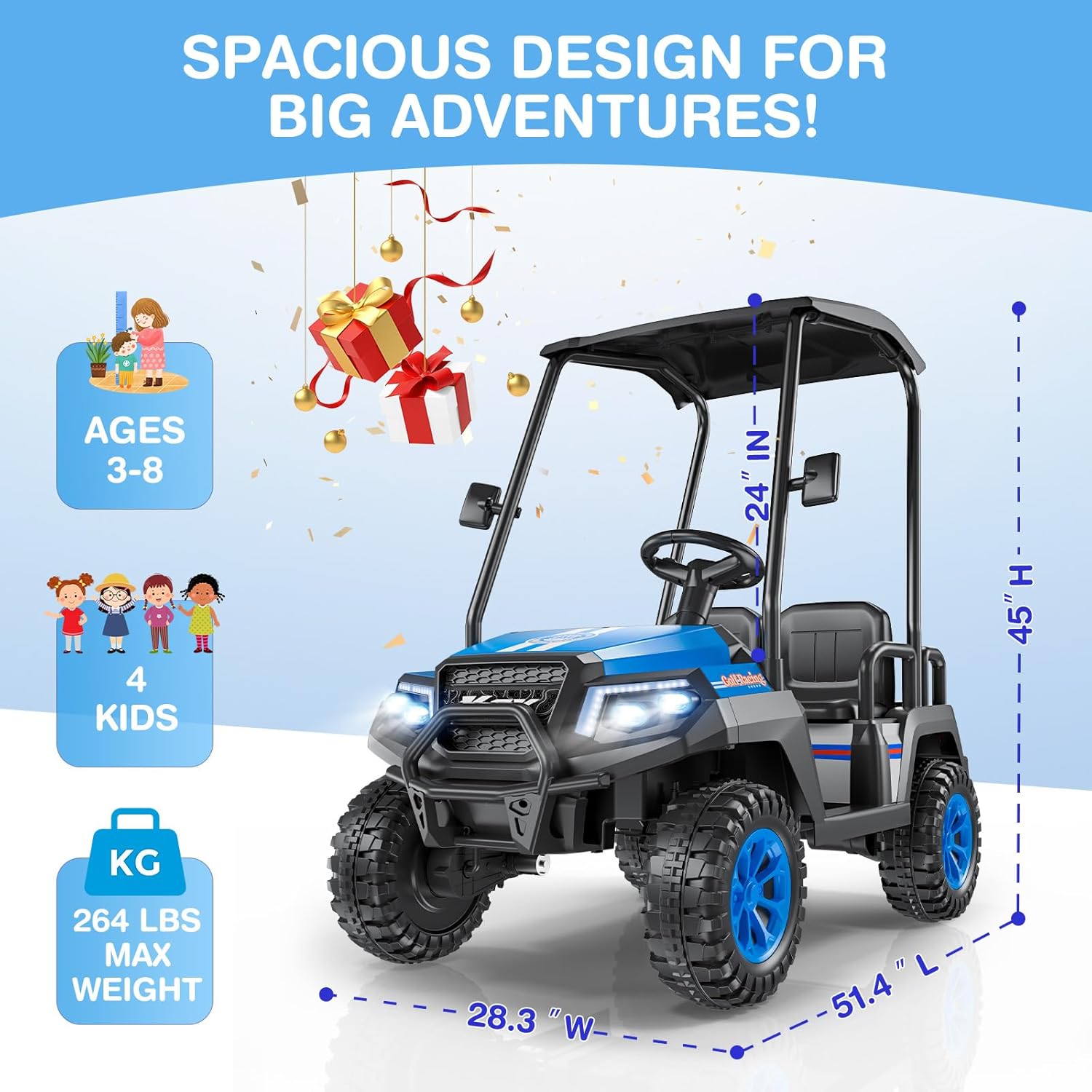 LIGIANT 24V Ride on Toys for Big Kids, 4-Seater Kids' Car, Golf Cart Max. Capacity: 264 Lbs(4 Kids), 4WD Ride on Car w/Remote Control, Detachable Awning, Spring Suspension, Music/Story/Power Display