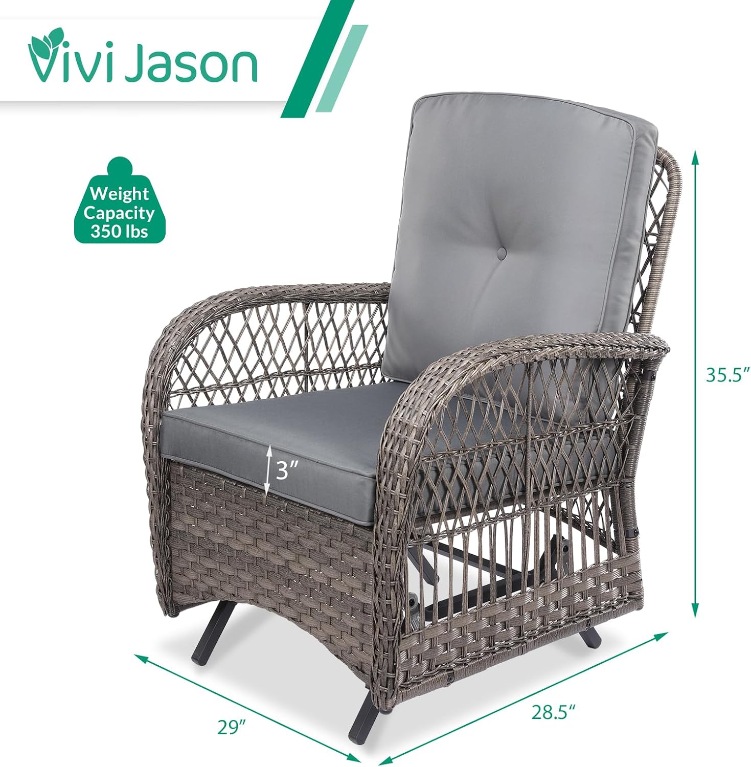 VIVIJASON 2-Piece Outdoor Wicker Glider Rocking Chair, Patio Rattan Swing Glider Chairs with Cushions & Steel Frame, All-Weather Gliding Lawn Wicker Furniture for Garden Backyard Porch, Grey