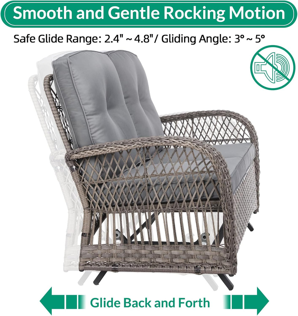 VIVIJASON 2-Piece Patio Wicker Loveseat Glider Set Cushioned, Outdoor Conversation Furniture Sets with 2-Seater Glider Rocking Bench, Coffee Table and Cushions for Porch Garden Poolside, Grey