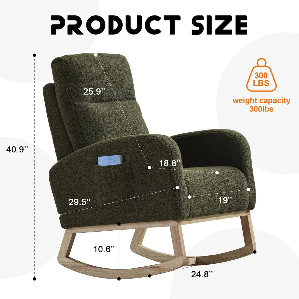 Cloud Rocking Chair Nursery, Comfy Glider Nursery Chair with Foot Rest, Upholstered Rocker, Modern Accent Reading Armchair with Solid Wood Base for Living Room, Bedroom (40' Green)