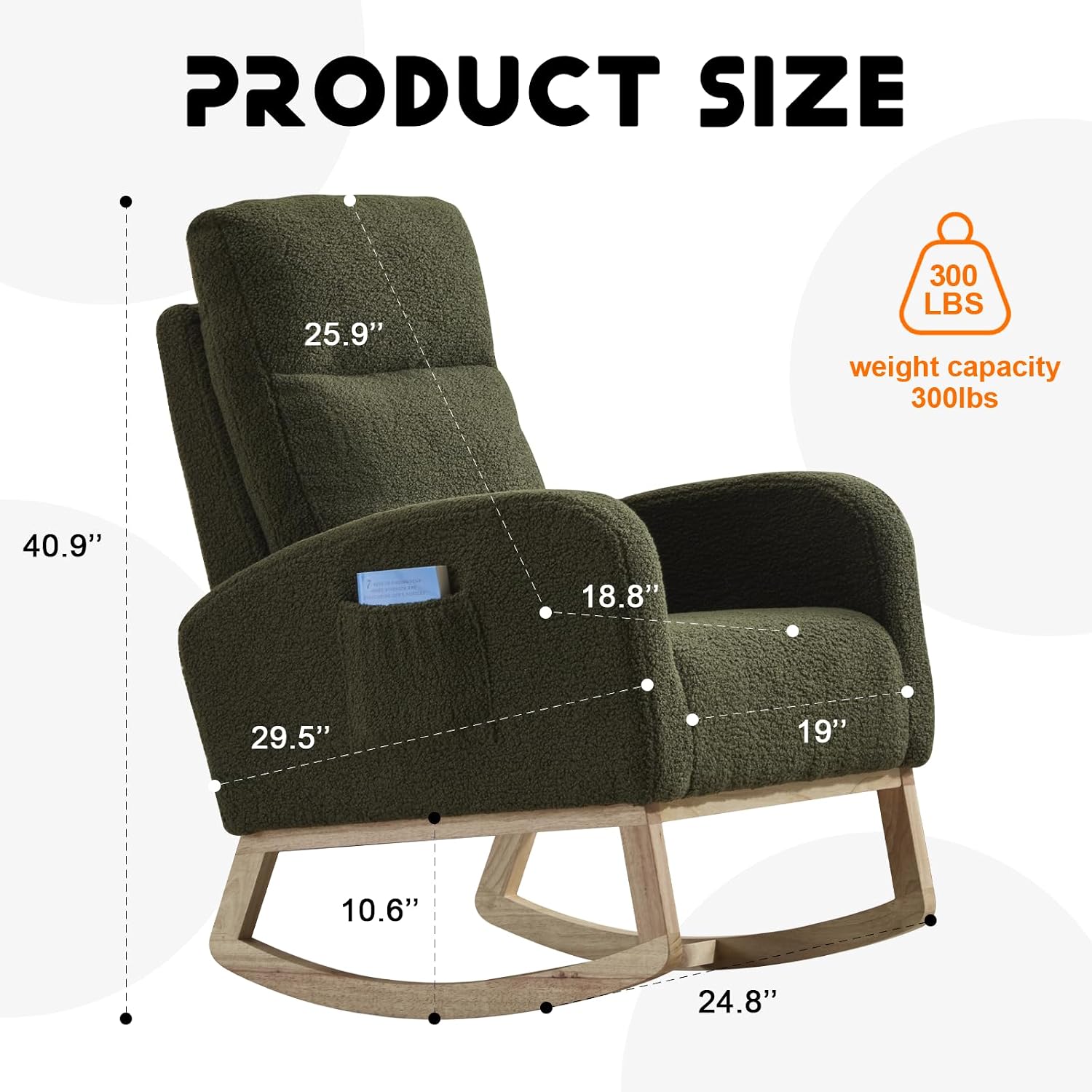 Cloud Rocking Chair Nursery, Comfy Glider Nursery Chair with Foot Rest, Upholstered Rocker, Modern Accent Reading Armchair with Solid Wood Base for Living Room, Bedroom (40' Green)
