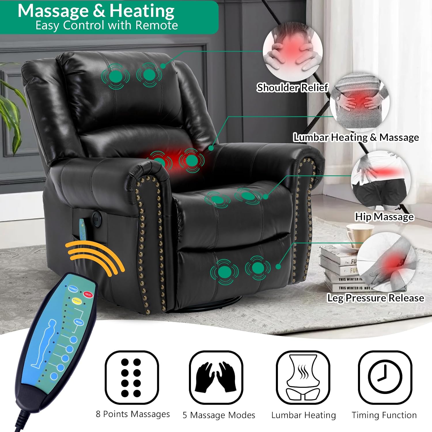 VIVIJASON Massage Swivel Rocker Recliner Chair with Heat & Vibration, 360° Swivel Manual Glider Rocking Reclining Chair with Remote Control, Side Pockets & USB Ports for Living Room, Black