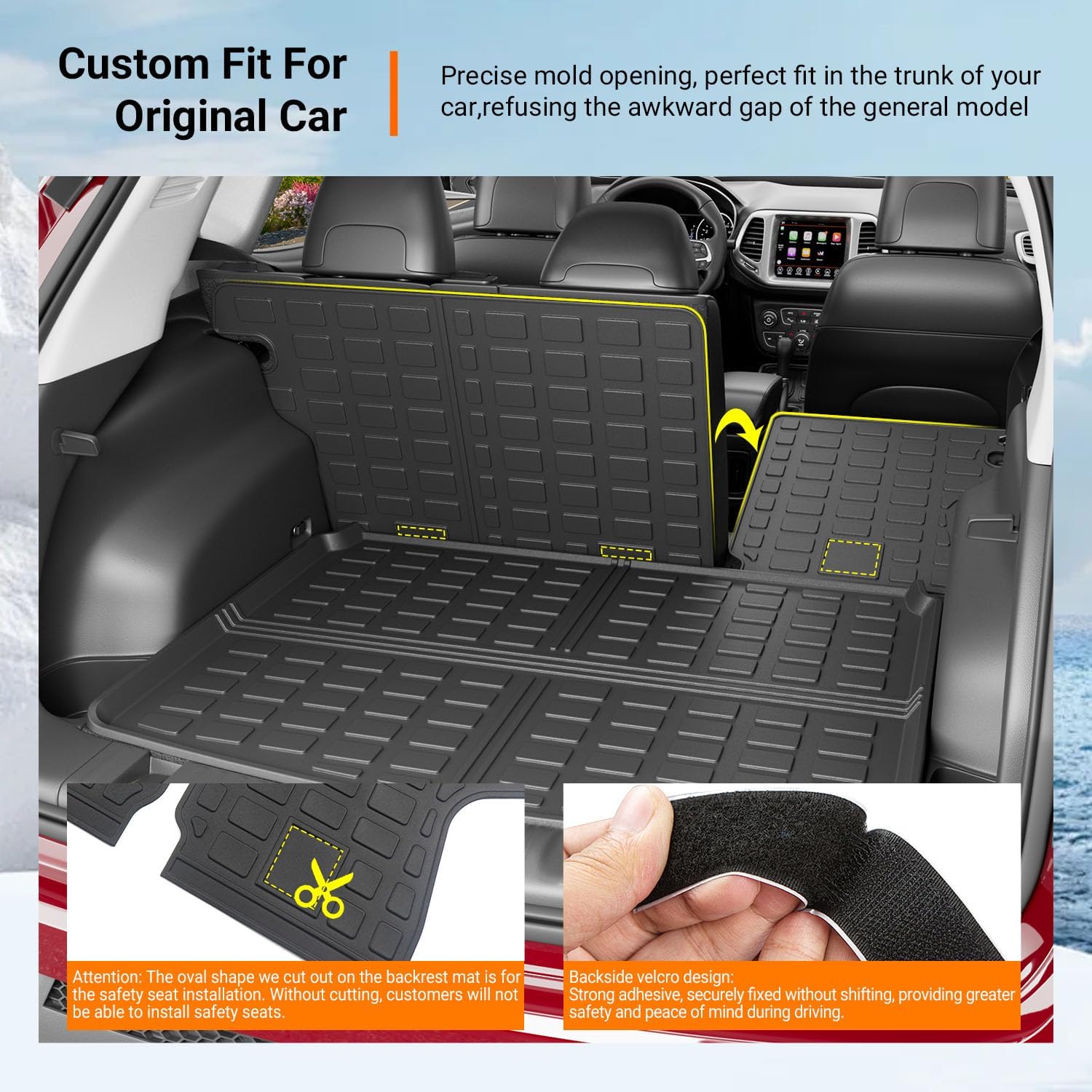 powoq Floor Mats Compatible with 2017-2025 Jeep Compass Trunk Mat Backrest Mat Cargo Liner TPE Replacement for 2017-2025 Jeep Compass Accessories (Trunk Mat+Backrest Mat+Floor Mats)