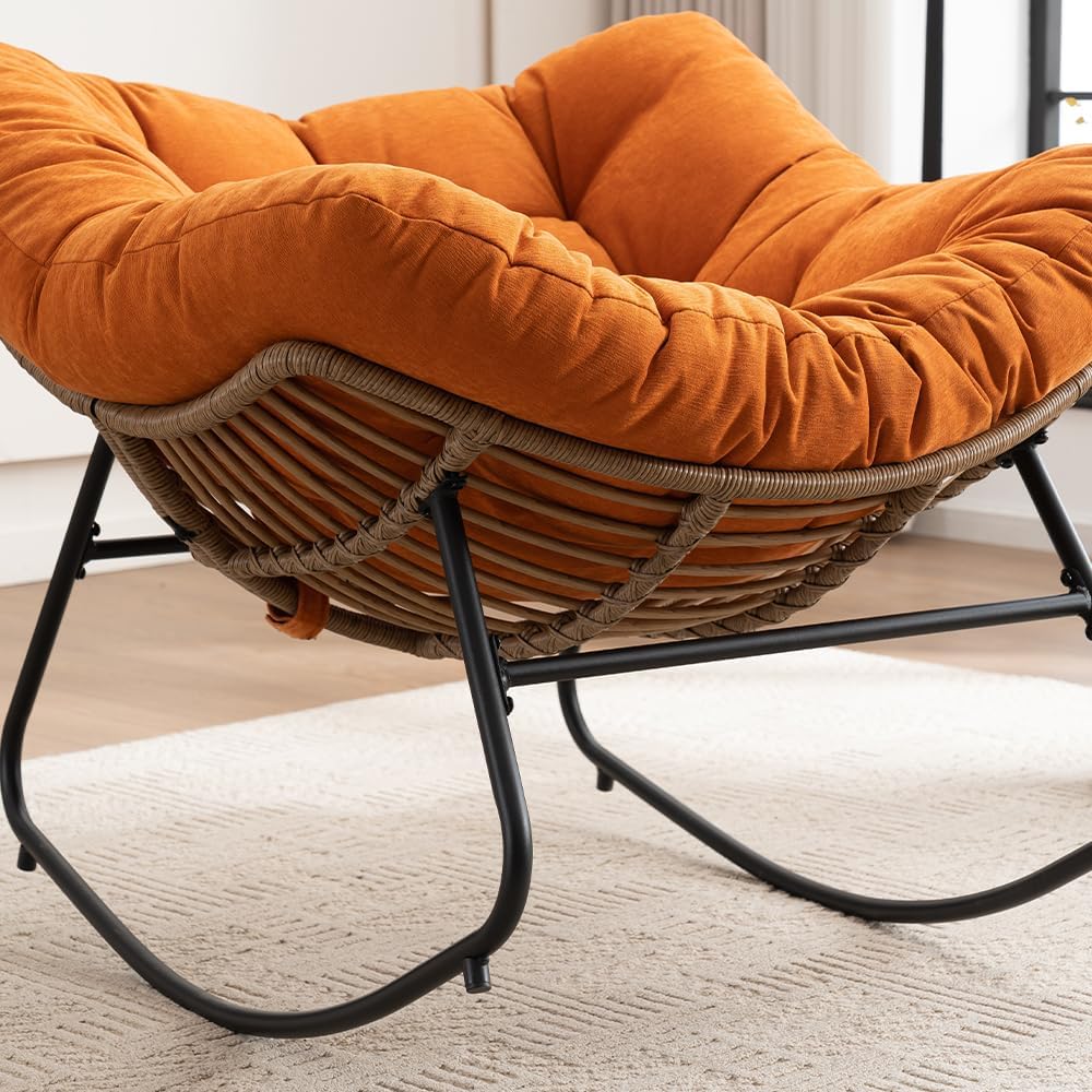 Outdoor Papasan Chair, Oversized Rocking Chair with Cushion and Metal Frame, Patio Lounge Rocking Chair for Balcony Backyard Porch Bedroom Living Room (Orange)
