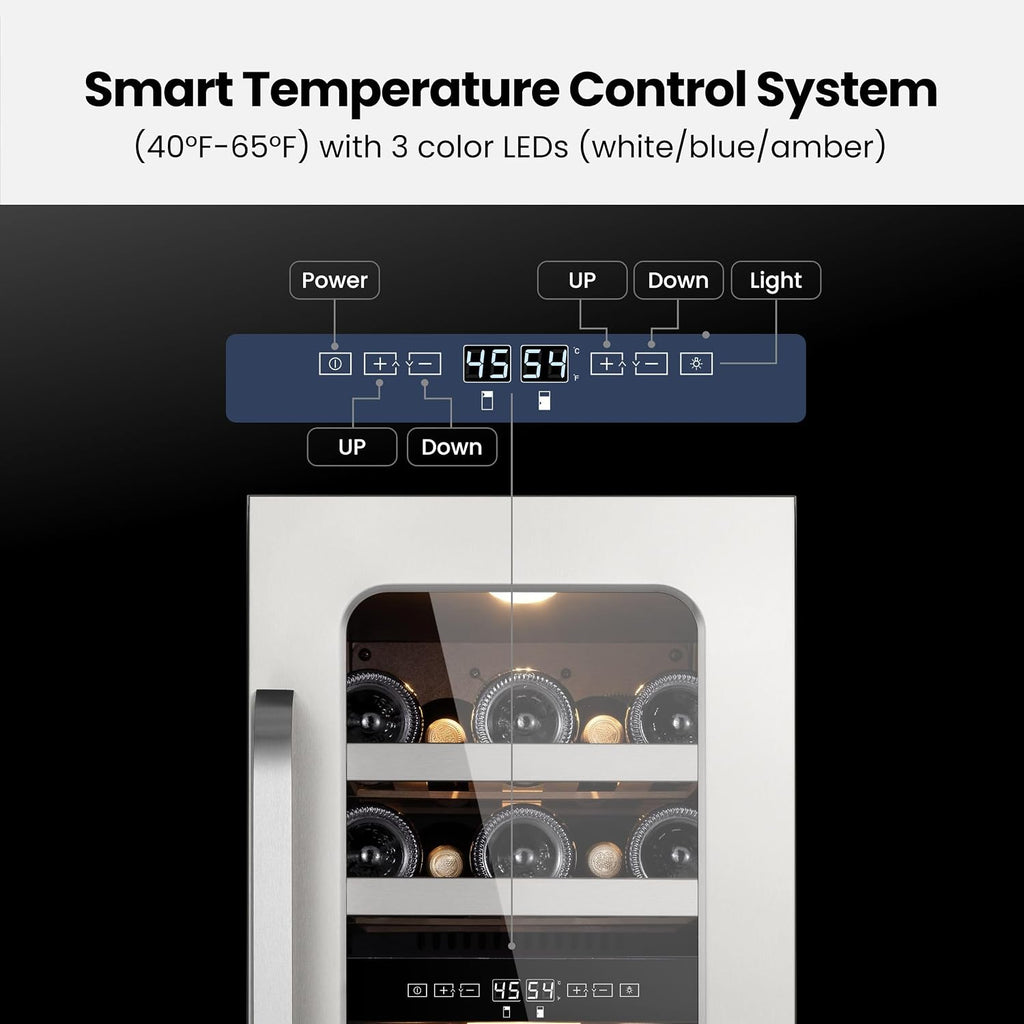 15 inch Wine Fridge Cooler 29 Bottles Dual Zone Wine Refrigerator Under Counter with Glass Door 3 LED Built-in or Freestanding Fridge Adjustable Shelves for Home Bar Kitchen 3.0 cu.ft
