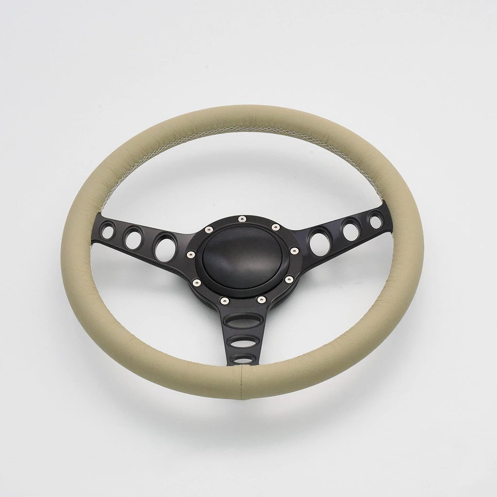 14'' Billet Steering Wheel Tan Full Wrap w/Horn button | 9 bolt, 6061 T6 Aluminum, 2'' Dish, Black Anodized, Vinyl, Cruisin, Compatible with Chevy, Hot Rod, Muscle Car