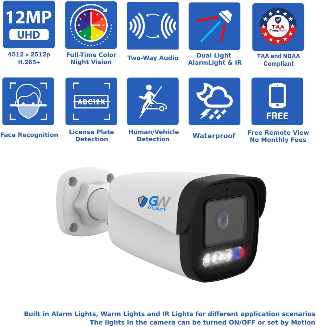 GW Security 16 Channel NVR UltraHD 12MP (4512x2512) Face/Human/Cars/License Plate Detection PoE Security Camera System with 8 x 6K 12MP Full Color Night Vision Waterproof 2-Way Audio Bullet Cameras
