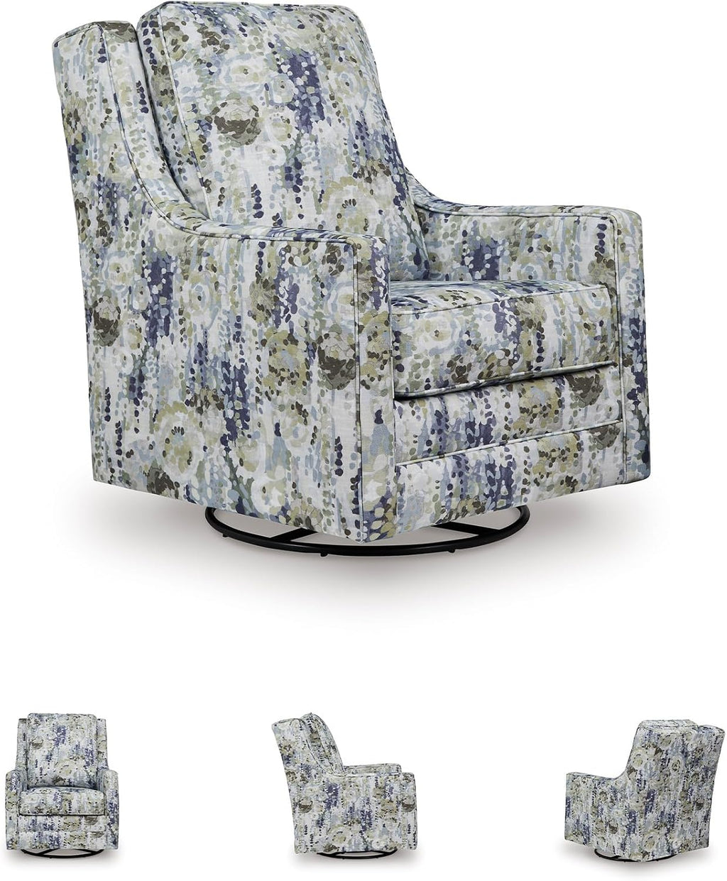 Signature Design by Ashley Dustinford Contemporary Abstract Floral Swivel Glider Accent Chair with Reversible Cushions, Blue & Green