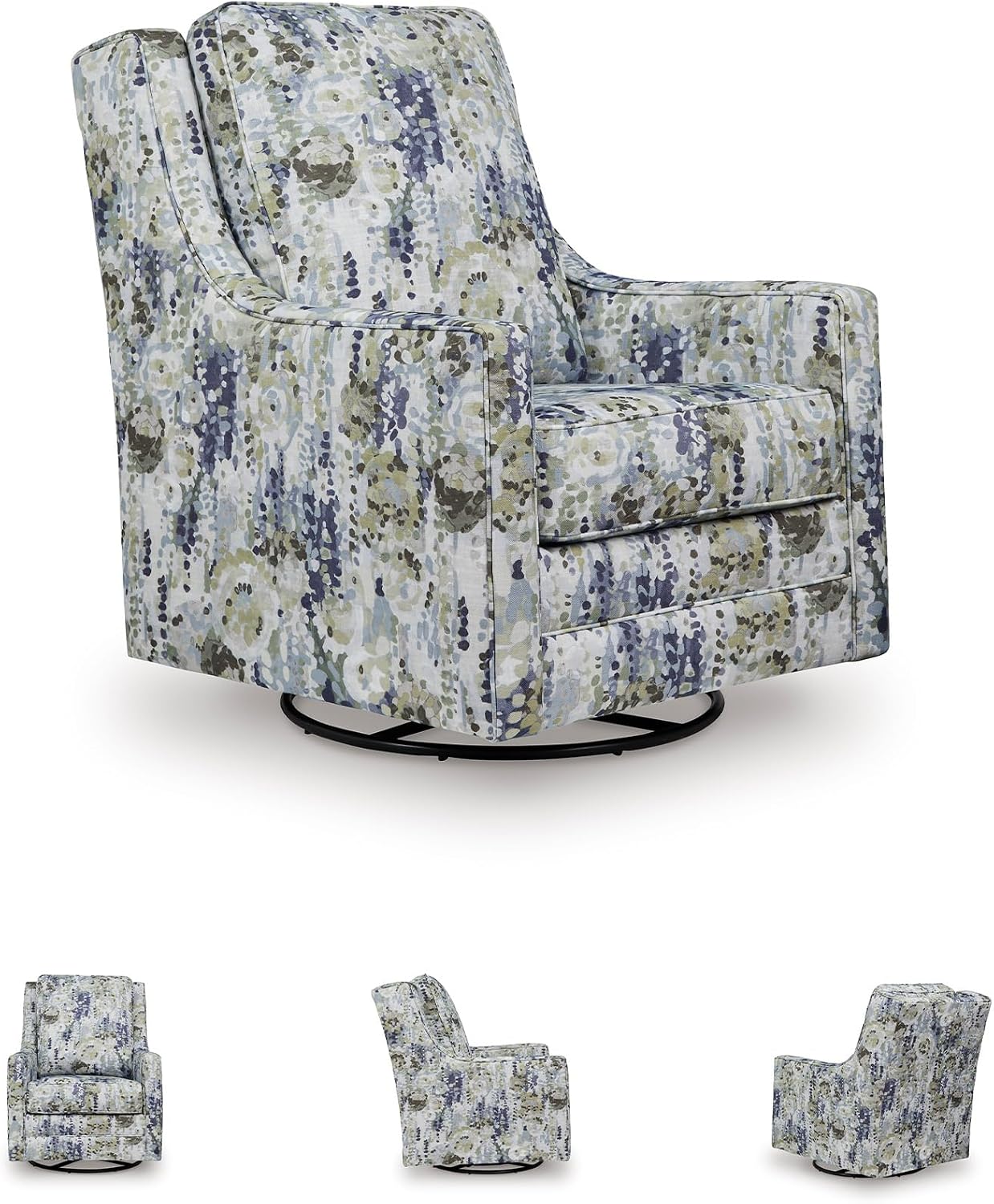 Signature Design by Ashley Dustinford Contemporary Abstract Floral Swivel Glider Accent Chair with Reversible Cushions, Blue & Green