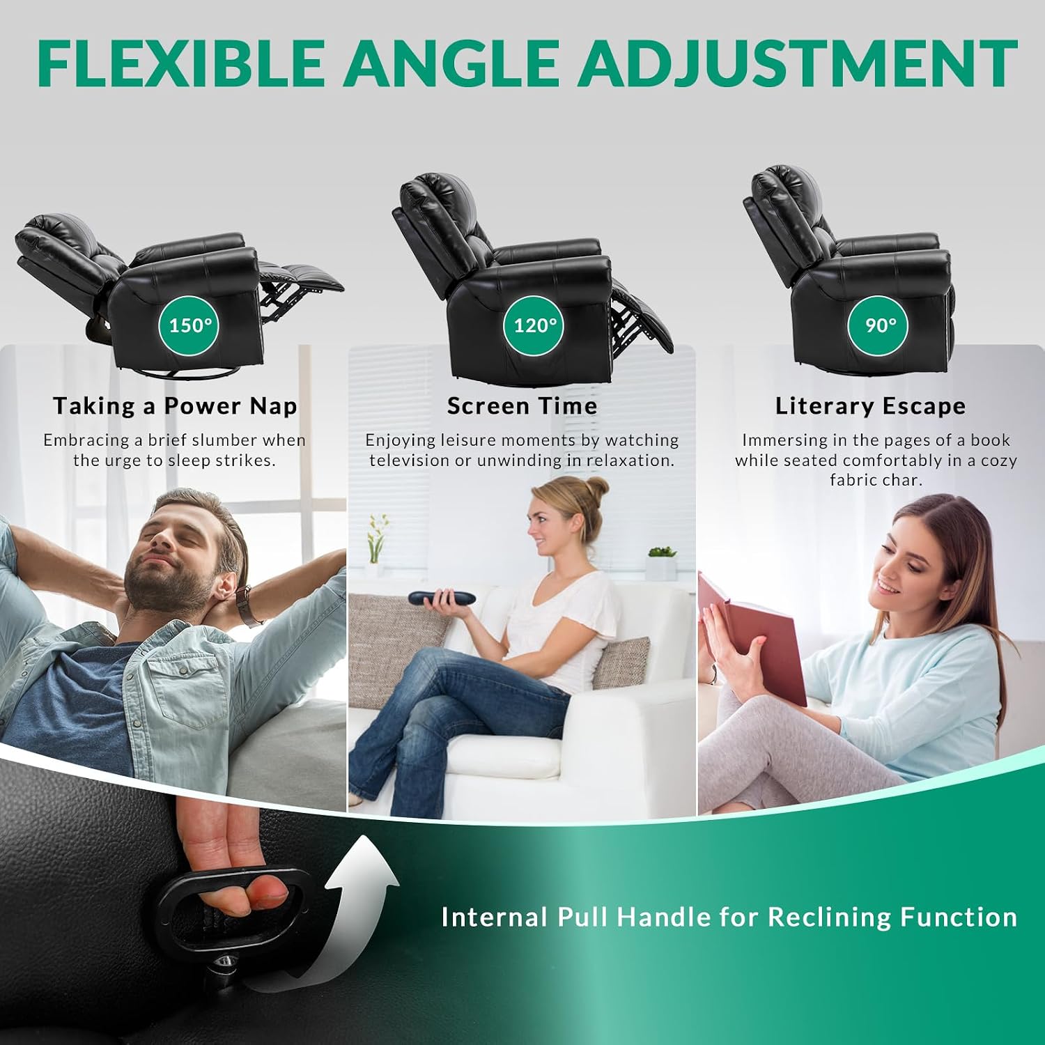 VIVIJASON Massage Swivel Rocker Recliner Chair with Heat & Vibration, 360° Swivel Manual Glider Rocking Reclining Chair with Remote Control, Side Pockets & USB Ports for Living Room, Black