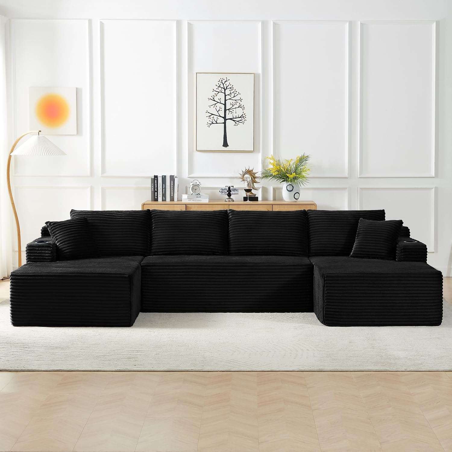 125' Modular Sectional Sleeper Sofa, Boneless Cloud Couch for Living Room, U Shaped 5 Seat Sofa with 2 Storage Pockets& 2 Cup Holders, Free Combination, No Assembly Required (Black, 125')