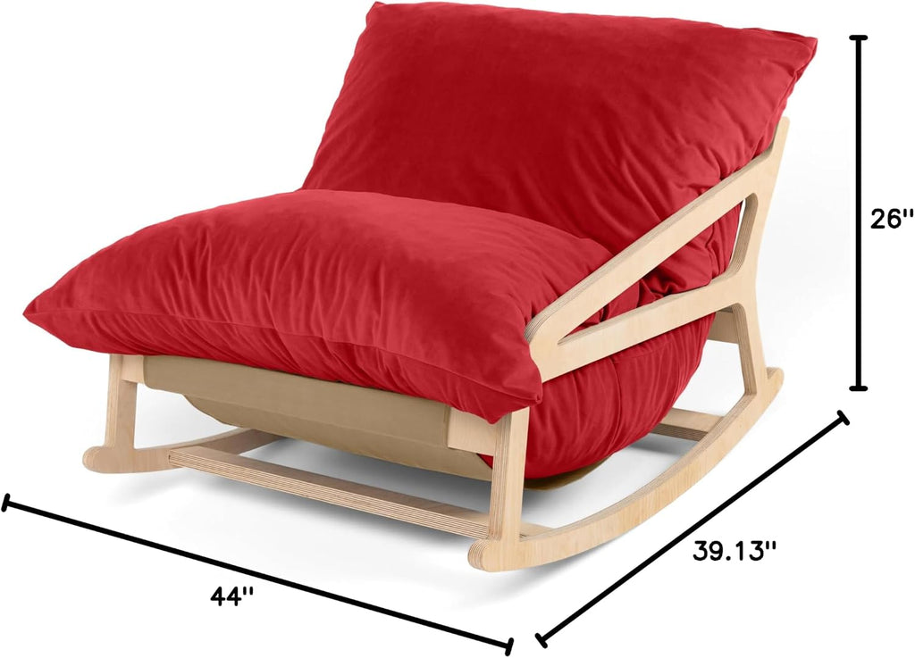 Pillow Saxx Bean Bag Rocking Chair - Elegant Oversized Rocker with Modern Wood Frame, Lush Velvet Merlot