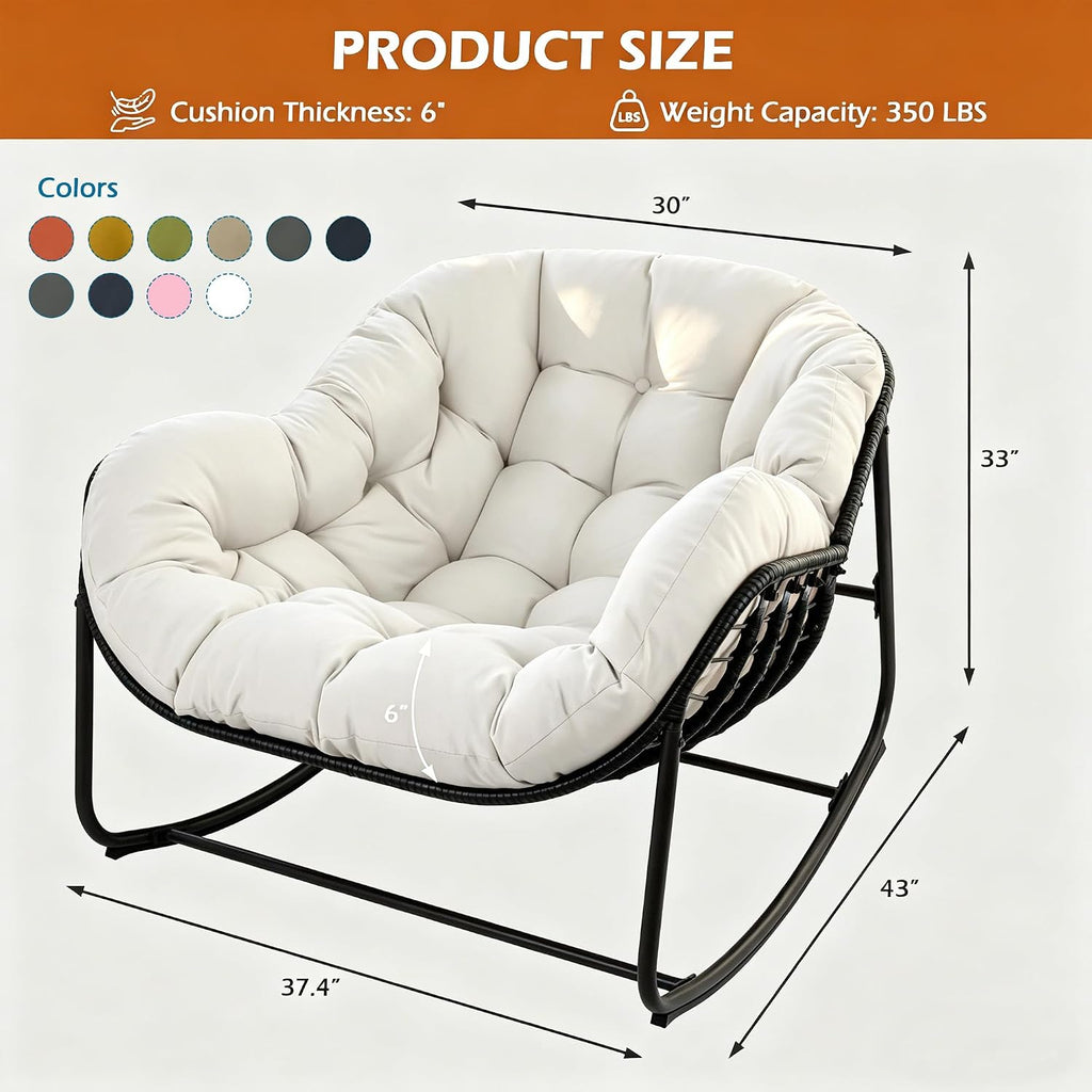 Papasan Rocking Chair Indoor & Outdoor, Oversized Egg-Shaped Papasan Rocker with Cushion & Pillow, All-Weather Wicker Patio Lounge Chair for Garden, Porch, Living Room (White)