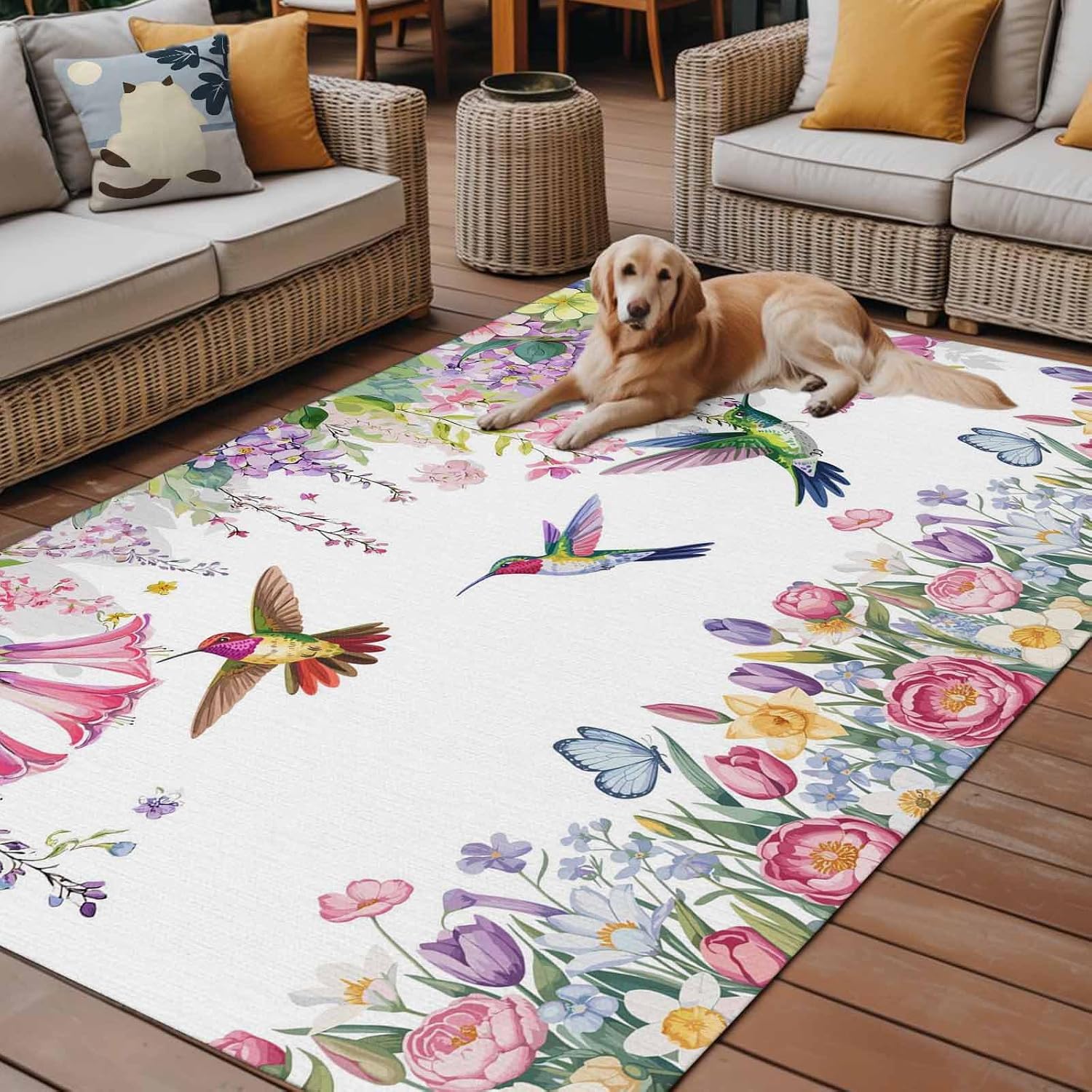 Watercolor Flowers Outdoor Rug for Patio/Deck/Porch, Non-Slip Large Area Rug 4 x 6 Ft, Spring Hummingbird Butterflly Floral Indoor Outdoor Rugs Washable Area Rugs, Reversible Camping Rug Carpet Runner