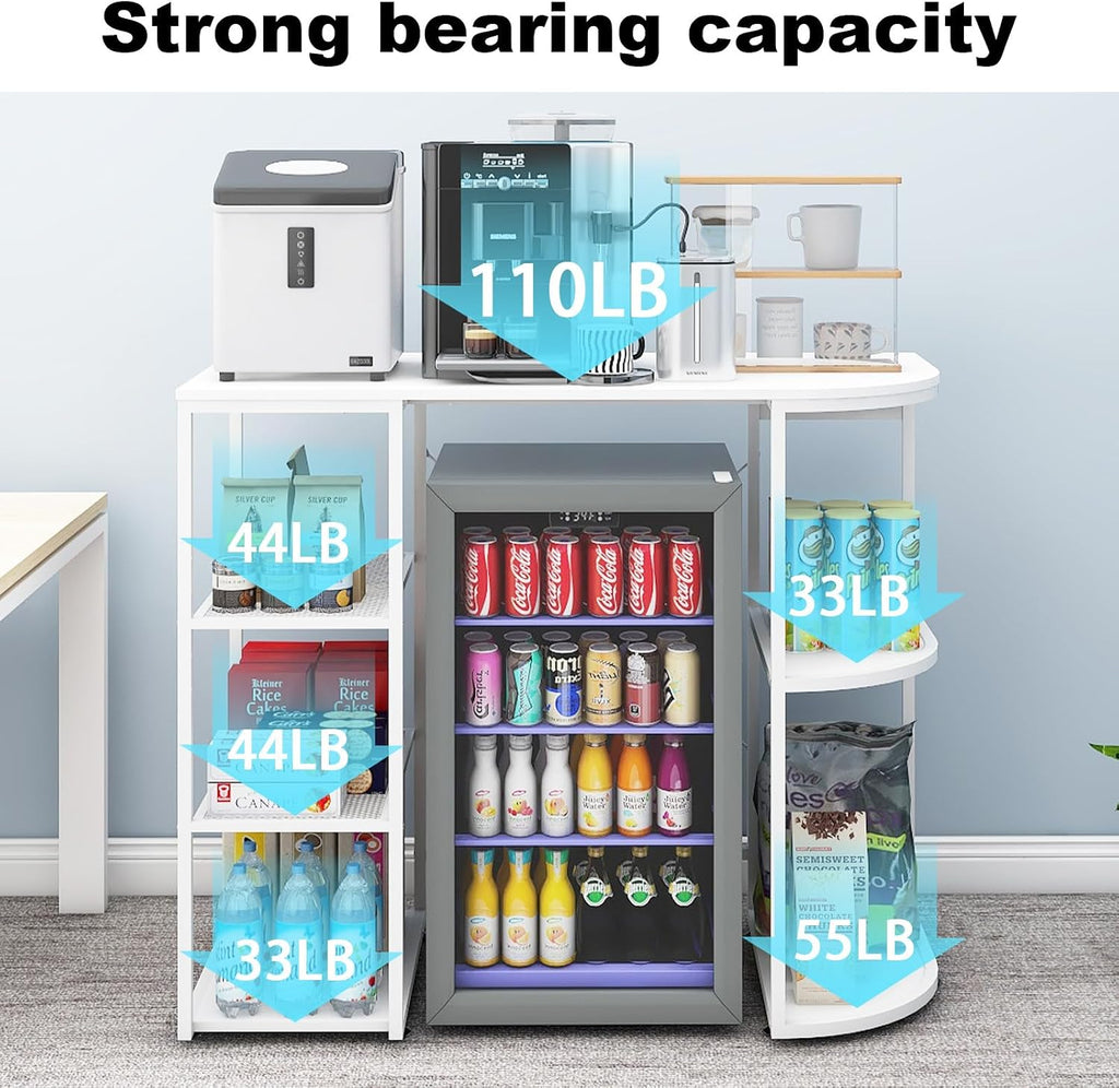 PUNCIA Mini Fridge Stand with Power Outlet, Coffee Bar Cabinet with Refrigerator Space, Microwave Oven Stand & Utility Storage Shelf for Kitchen, Dorm, Apartment & Break Room (White)