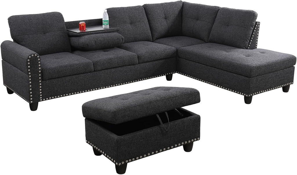 ChicFurnit L Shaped Sectional Couches, Modular Sectional Sofa with Ottoman Storage, Nail-Head Design Lounge Sofa with Reversible Cup Holder for Living Room, Bedroom, Gray