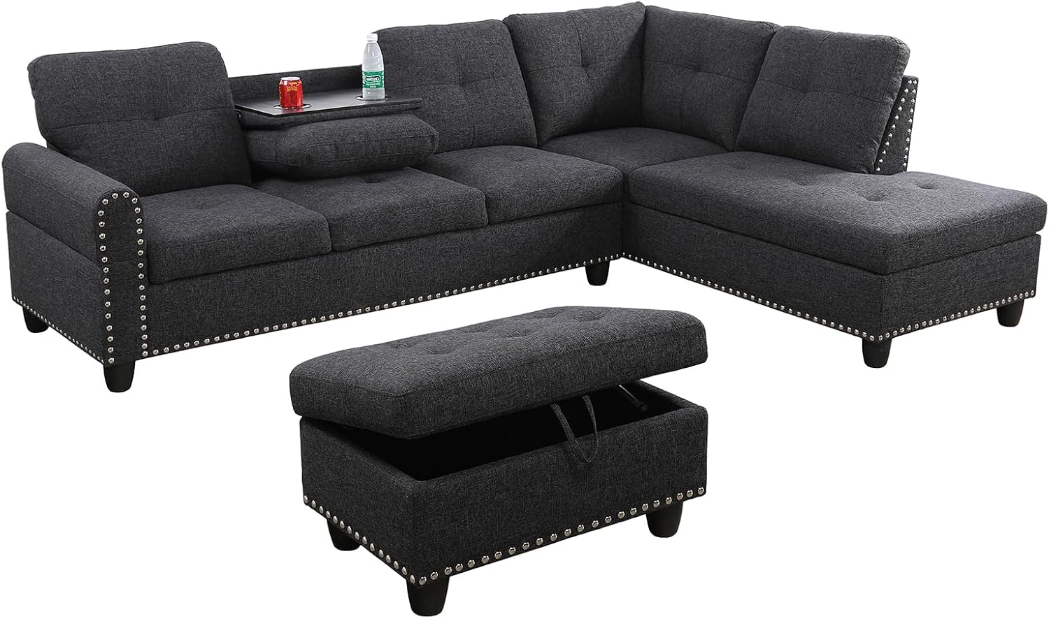 ChicFurnit L Shaped Sectional Couches, Modular Sectional Sofa with Ottoman Storage, Nail-Head Design Lounge Sofa with Reversible Cup Holder for Living Room, Bedroom, Gray