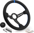 DND Performance Interior's Leather Race Steering Wheel / 350mm Diameter and 75mm Depth / 6x70mm Bolt Pattern/DND Leather Steering Wheel with Horn Button Included (Colored Stitching) (Blue)