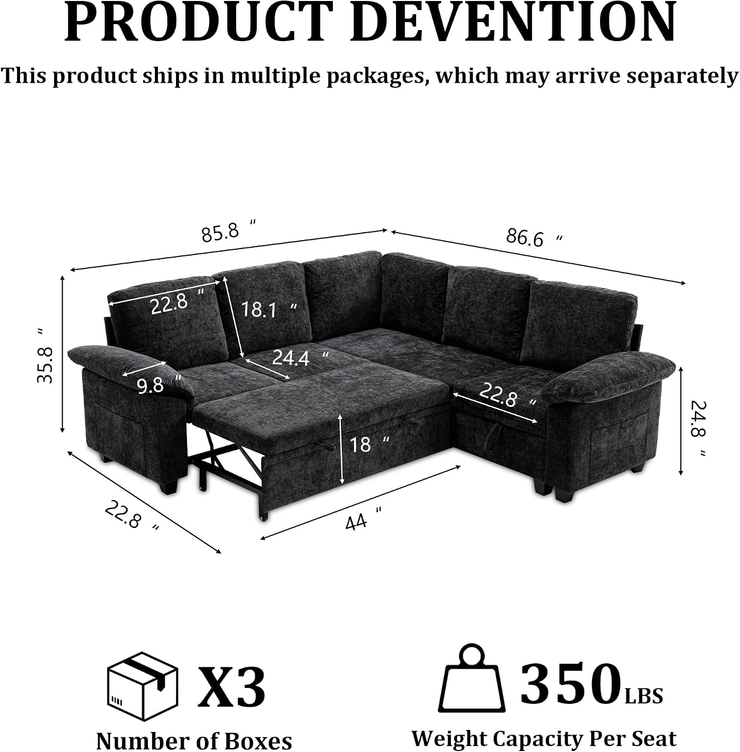 86 Inch Sectional Sleeper L Shaped Sofa with Pull Out Bed, Modular Sectional Sofa with Storage, Modern Chenille Cloud Couch, Sectional Couches for Living Room, Black