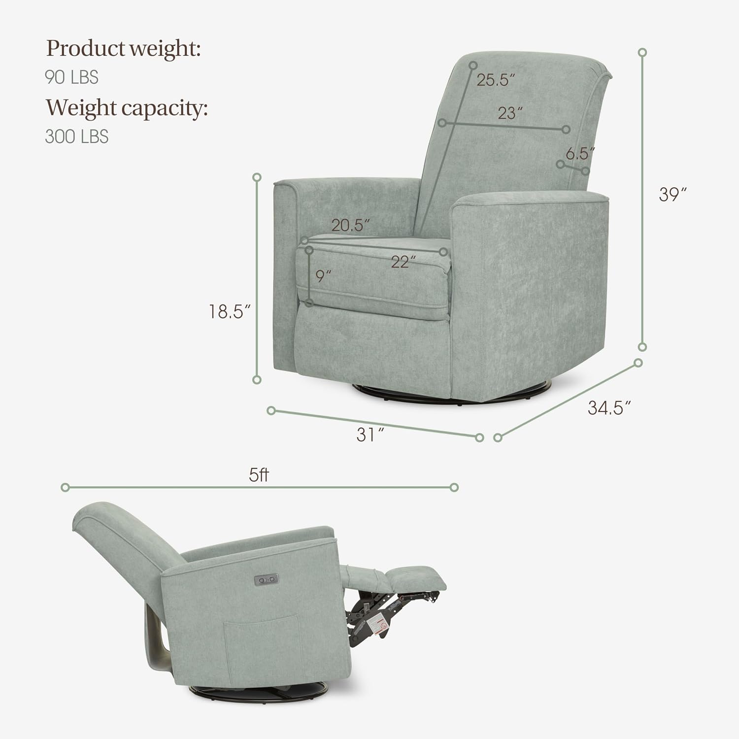 Evolur Harlow Upholstered Power Glider Recliner with USB Charging – Rocking & 275° Swivel with Smooth Glide – Greenguard Gold & FSC Certified – Modern Nursery and Living Room Chair in Sage