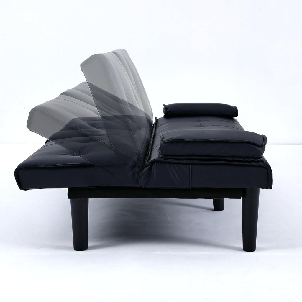 KEIKI 3 in 1 Convertible Sleeper Sofa Bed, PVC Loveseat with Cup Holder, Foldable Futon Sofa Bed for Living Room, Guest Room, Dorm, Black