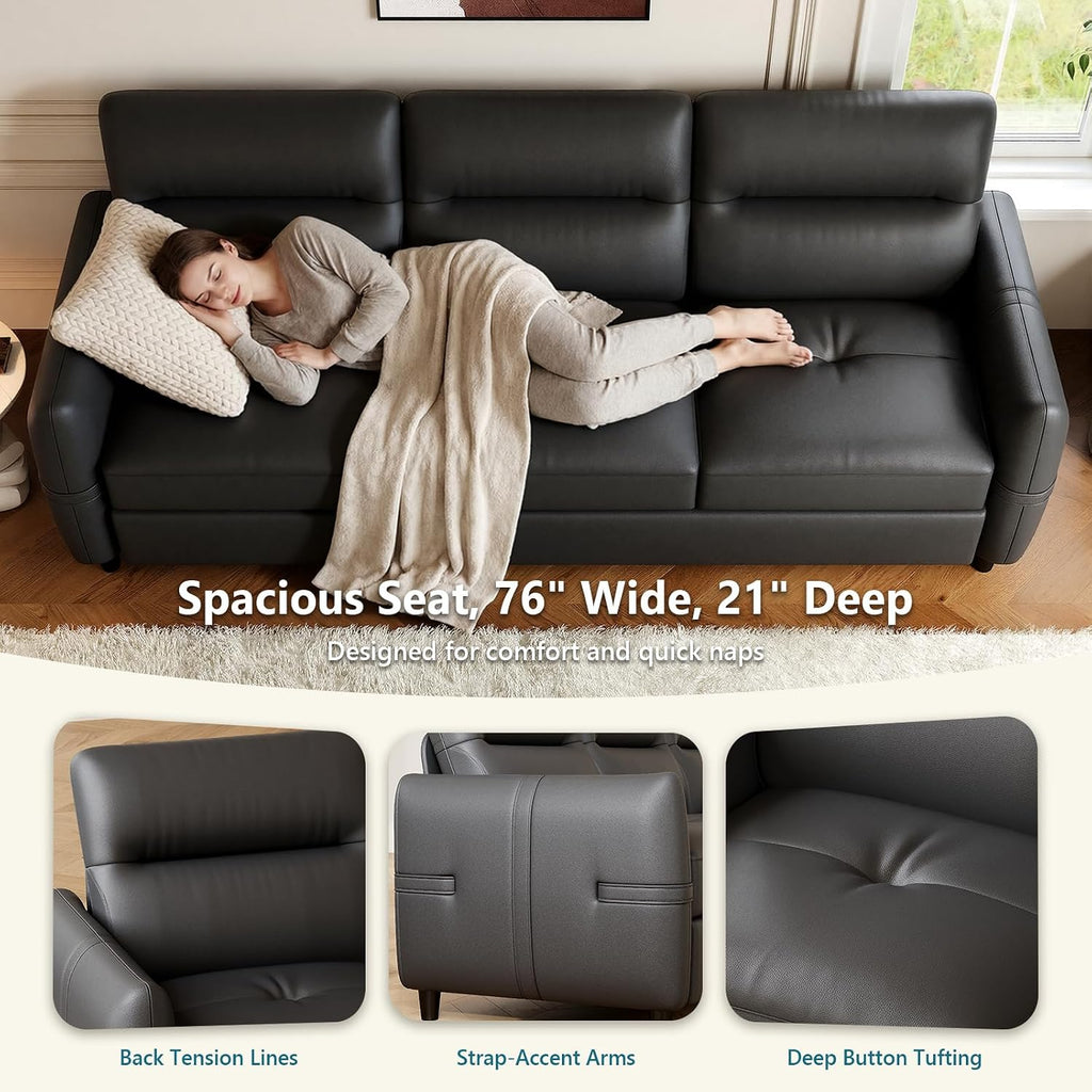 STHOUYN 85' Black Faux Leather Couch with USB, 3 Seater Sofa Couches for Living Room, Large Mid Century Modern Office Apartment Couch (Black)