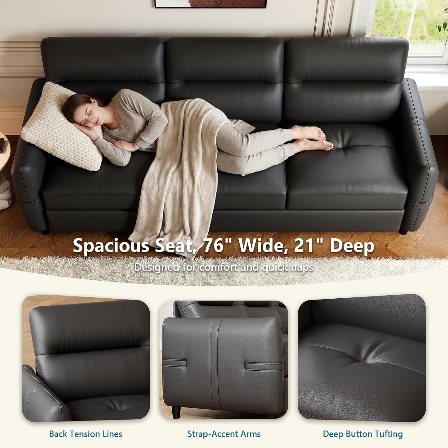 STHOUYN 85' Black Faux Leather Couch with USB, 3 Seater Sofa Couches for Living Room, Large Mid Century Modern Office Apartment Couch (Black)